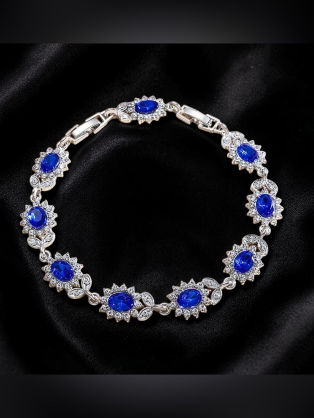 Blue Crystal Silver-Tone Floral Link Bracelet